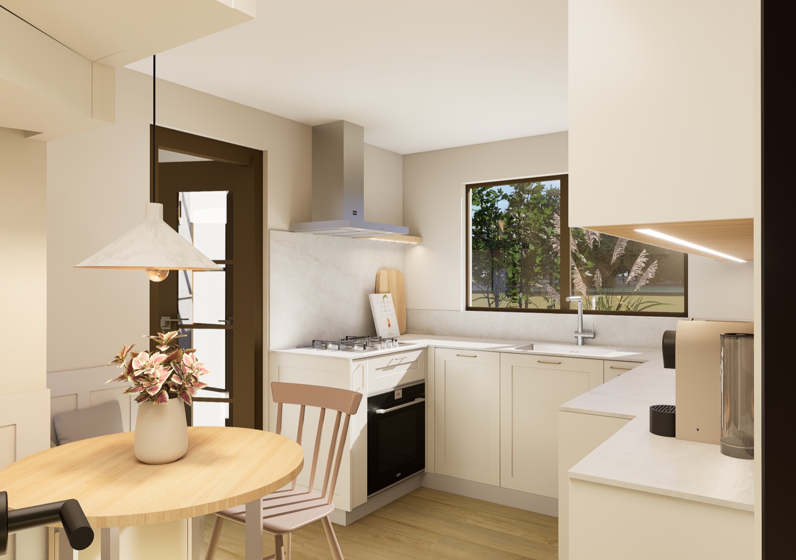 Render de propuesta de cocina en tonos café.
