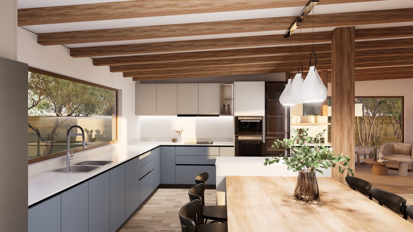 Render de cocina diseñada por EstudioLK.