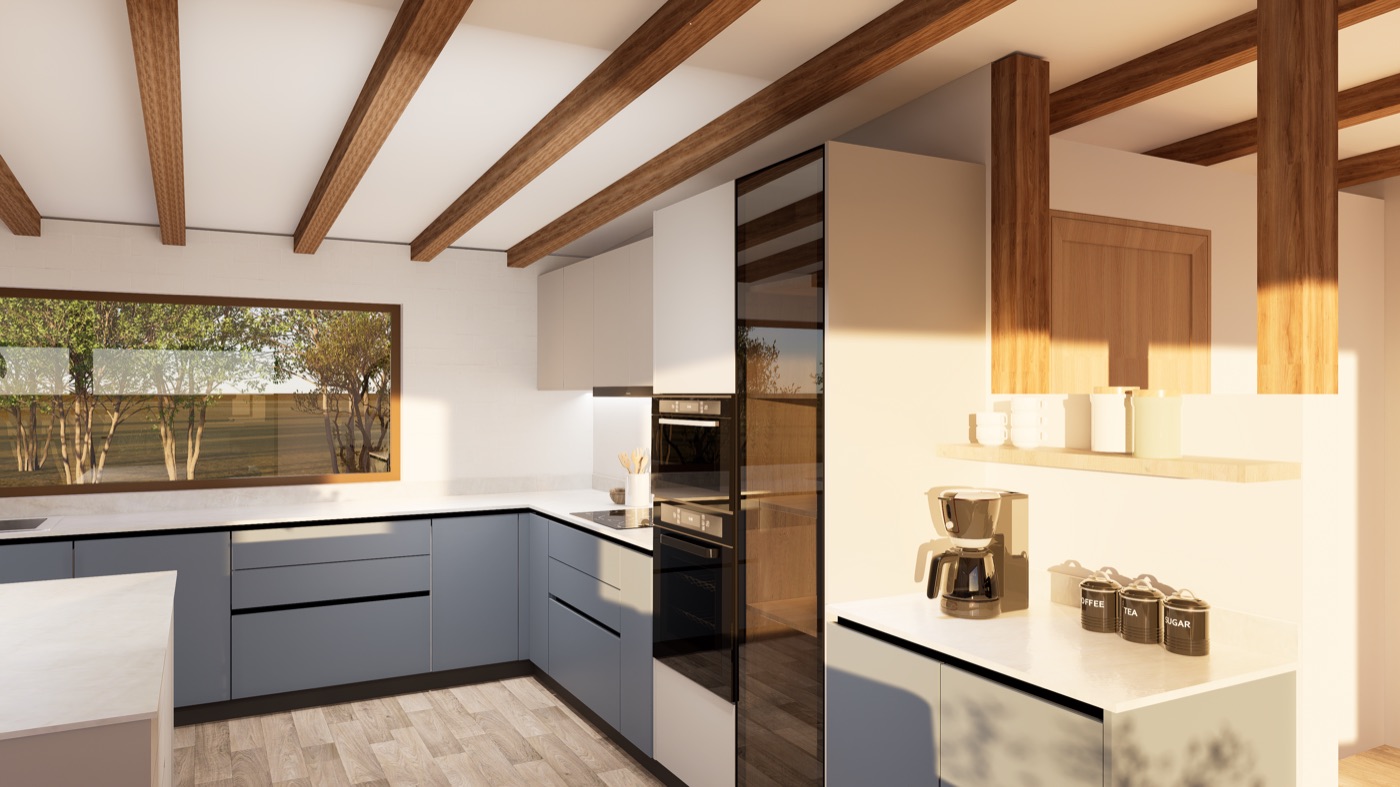 Render de cocina con isla central.
