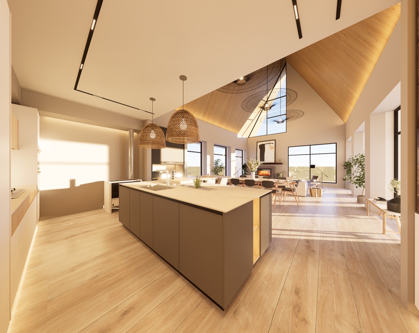 Render de cocina lineal con columnas.