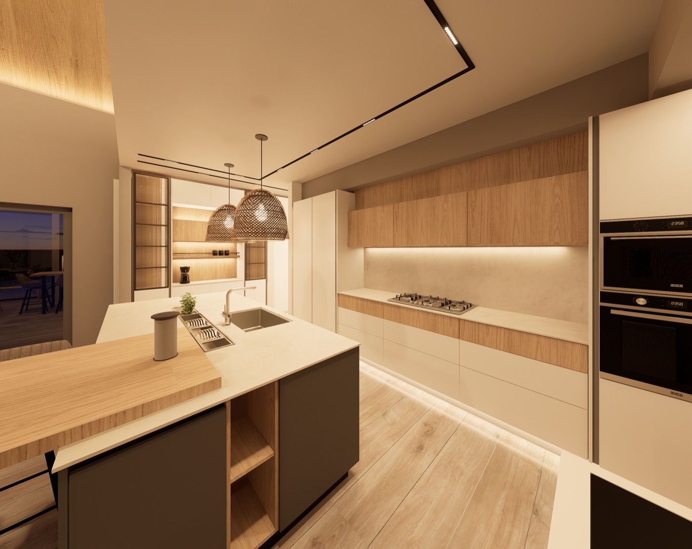 Render de cocina en tonos oscuros.