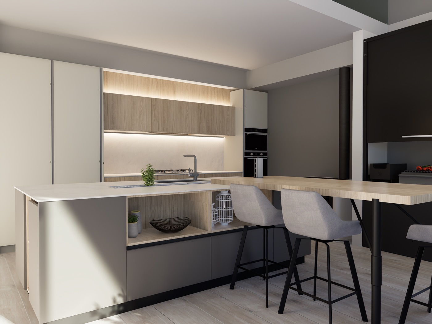 Render de cocina con comedor integrado.