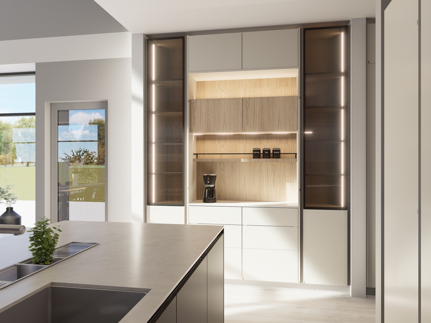 Render de cocina abierta al living.