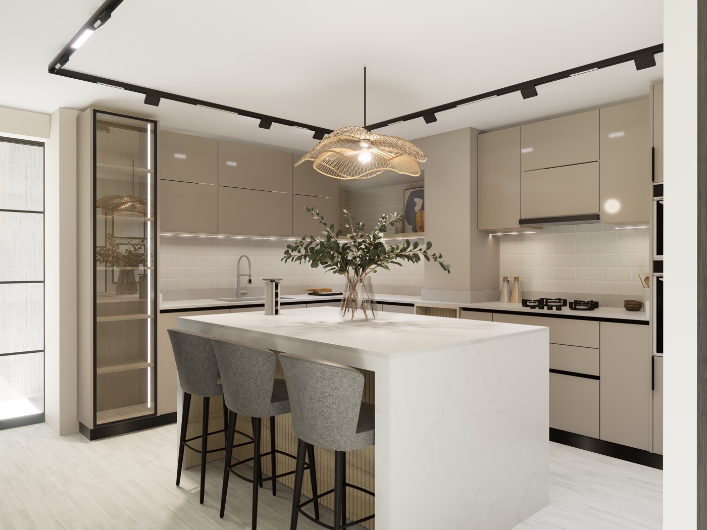 Render de cocina en L.