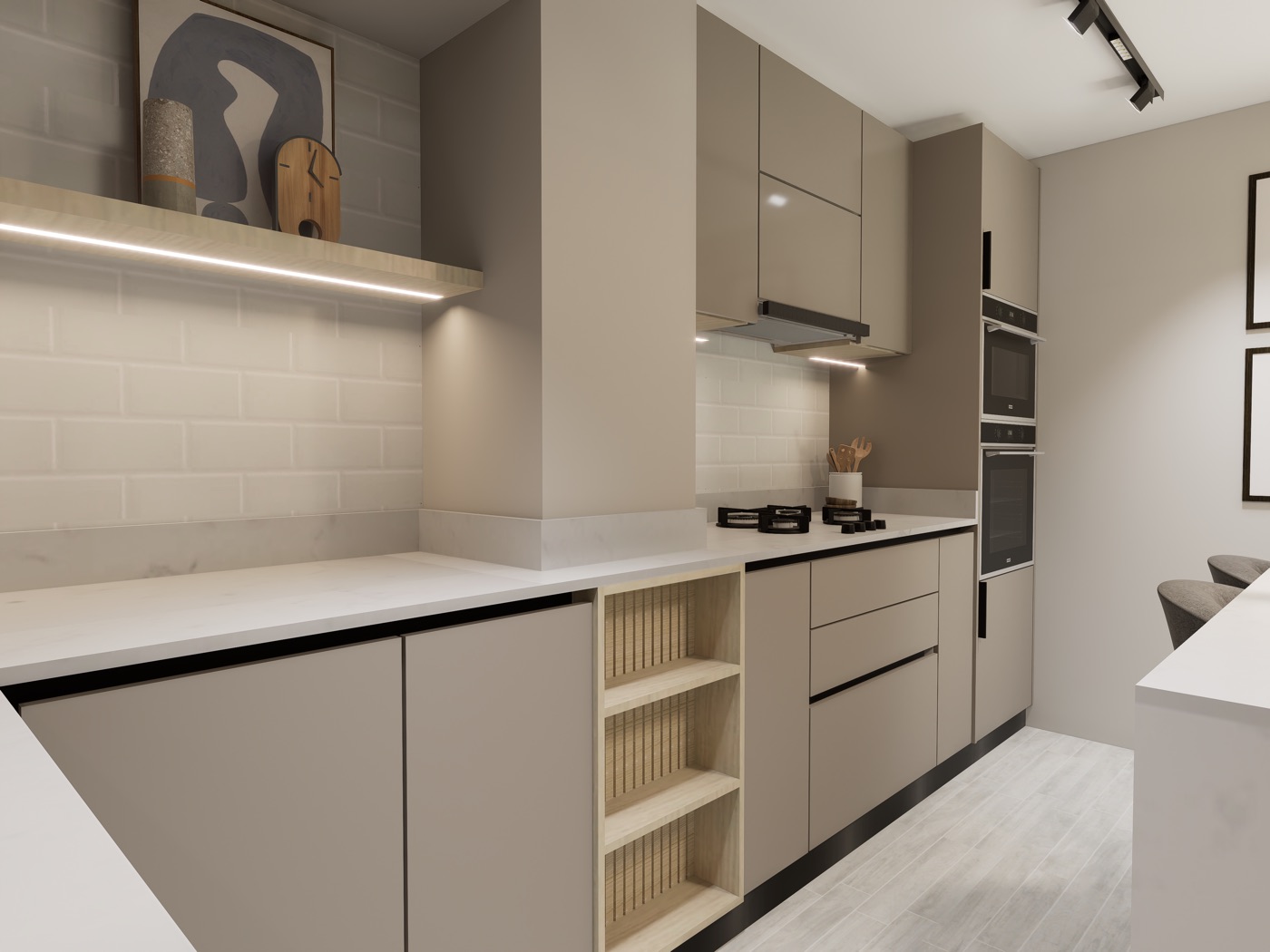 Render de cocina con península.