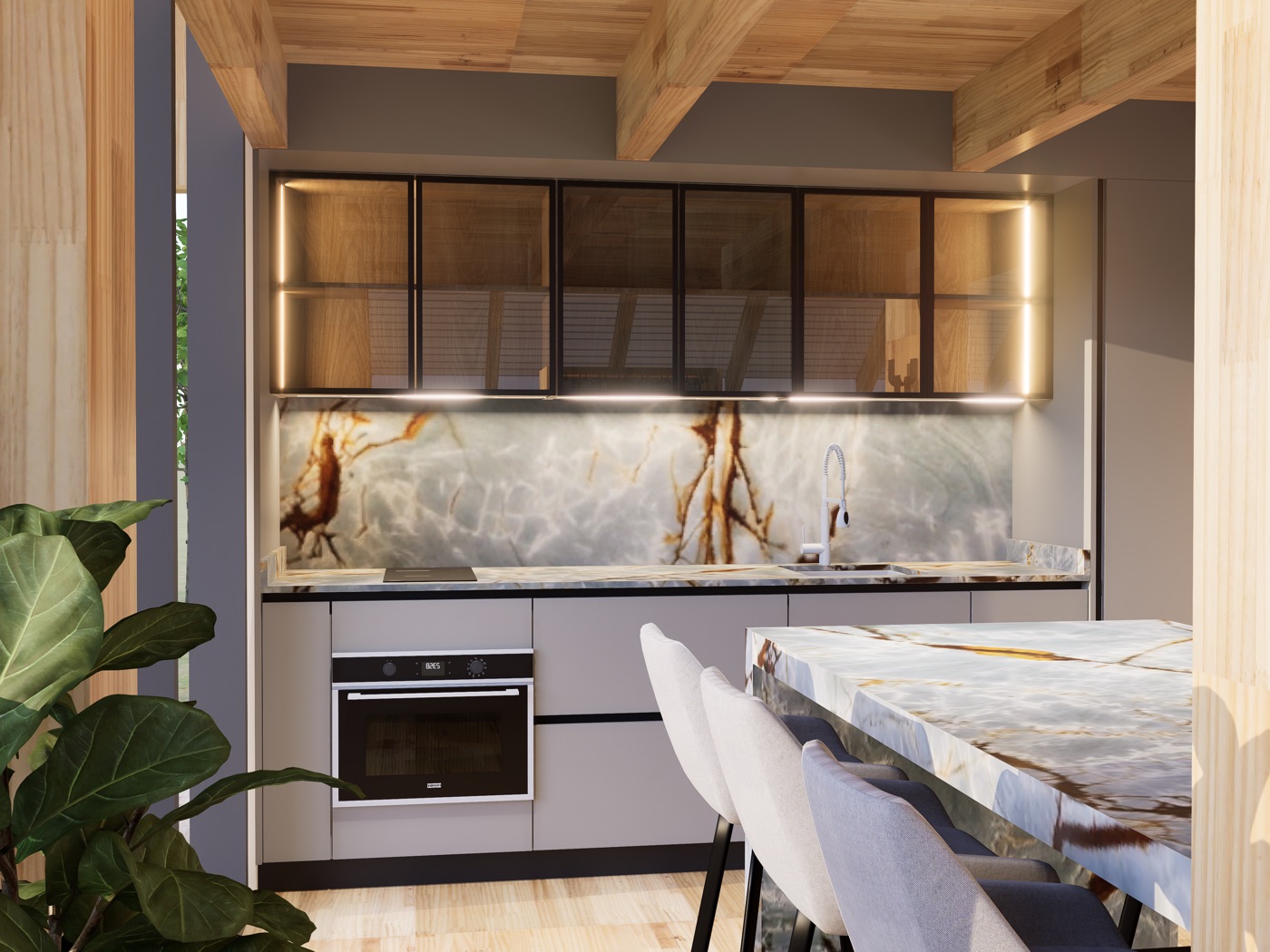 Render de cocina con despensa.