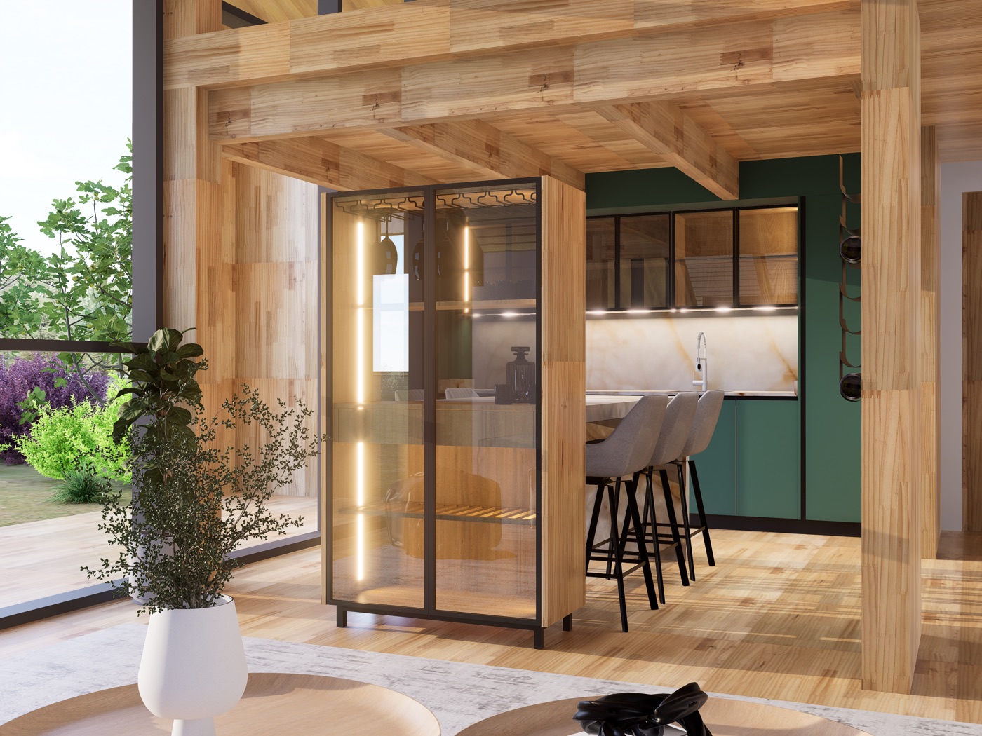 Render de cocina en madera clara.