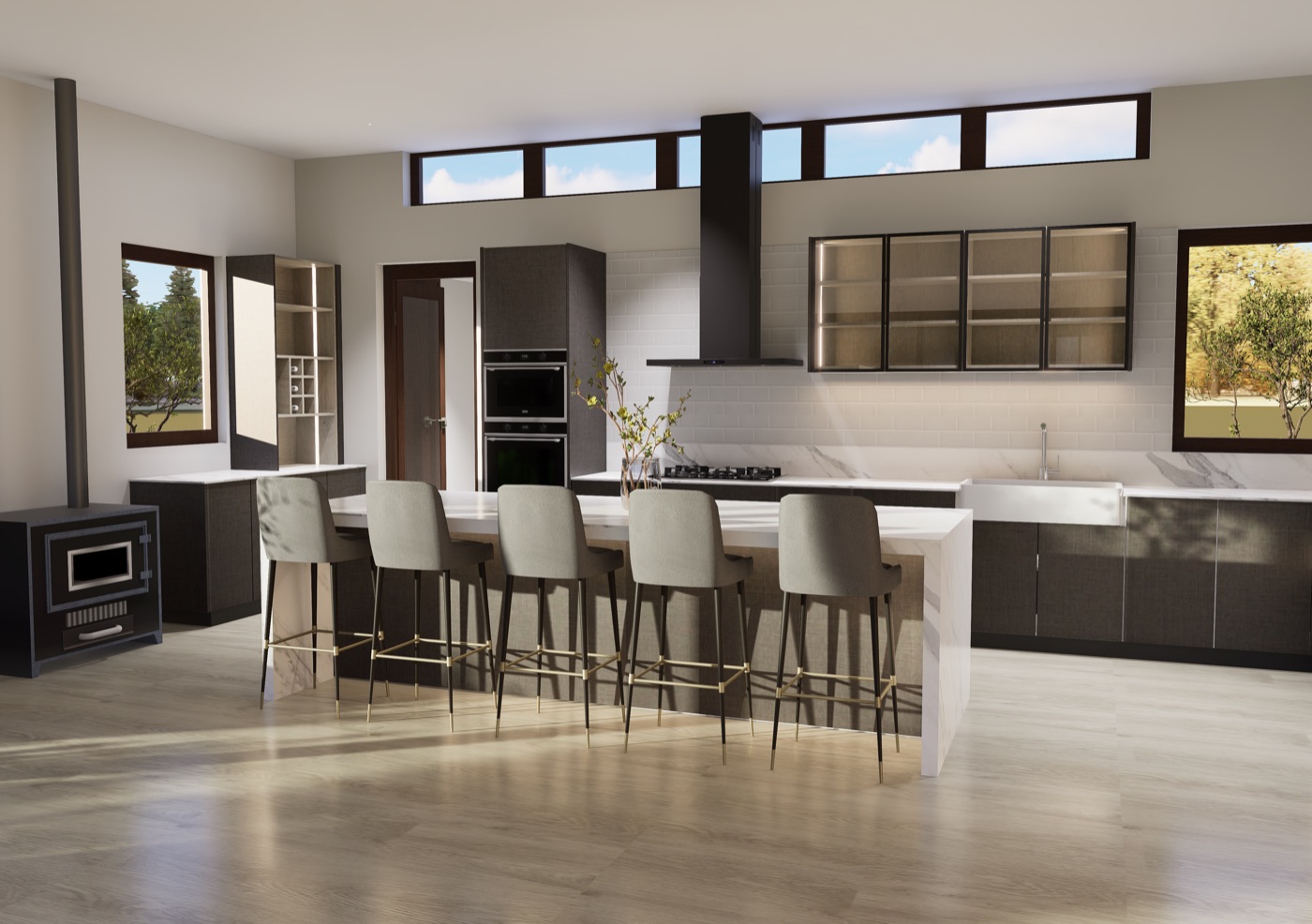 Render de cocina con isla y taburetes.