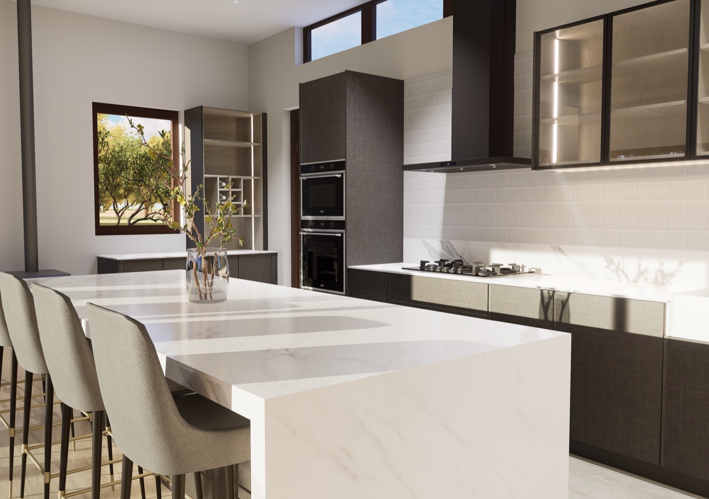 Render de cocina con ventanal.